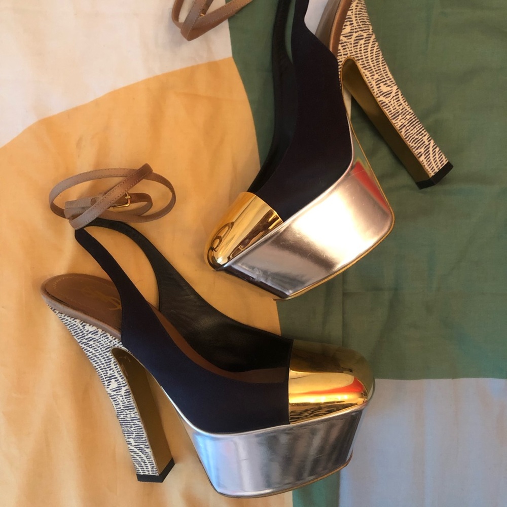 Yves Saint Laurent Black Navy Gold Silver Platform Slingback Heels